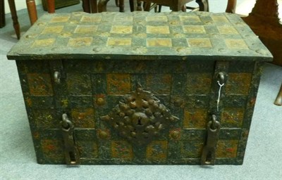 Lot 1479 - A German 17th Century Polychrome Painted Armada Chest, possibly Nuremberg, the lattice design...