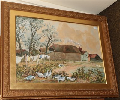 Lot 1150 - W D Guthrie, Geese before a country cottage, signed, watercolour, 49.5cm by 71cm