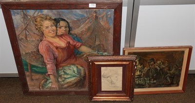Lot 1152 - K Center (20th Century) Fisherwomen selling the day's catch, signed, oil on board, together...