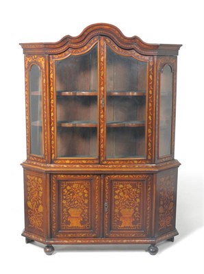 Lot 1483 - A 19th Century Dutch Floral Marquetry Display Cabinet, the arched and moulded pediment above a...