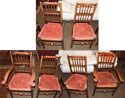 Lot 1244 - A set of six 19th century Lancashire rush seated chairs, including two carvers, spindle backs,...