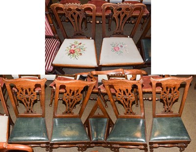 Lot 1246 - A set of four oak hall/dining chairs with green leather drop-in seats; together with a pair of...