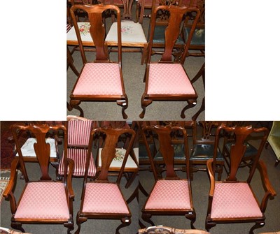Lot 1247 - A set of six Queen Anne style mahogany dining chairs, including two carvers, shaped splats, drop-in