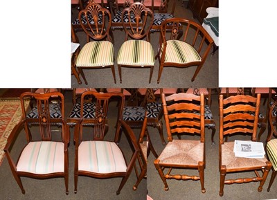 Lot 1249 - Seven various chairs comprising a pair rush seated ladder-back chairs; a pair mahogany inlaid...