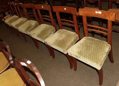 Lot 1275 - Six Regency style mahogany dining chairs and an Edwardian mahogany inlaid tub chair with wool...