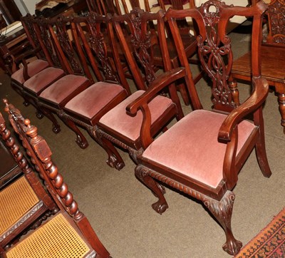 Lot 1276 - A set of six Chippendale Revival mahogany dining chairs, including two carvers, shaped...