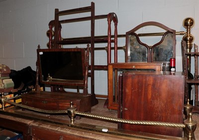 Lot 1324 - A 19th century mahogany toilet mirror; two towel rails; triptych mirror; set of scales; two hanging