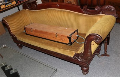 Lot 1336 - A Victorian mahogany scroll end sofa, with carved crest rail, 212cm wide