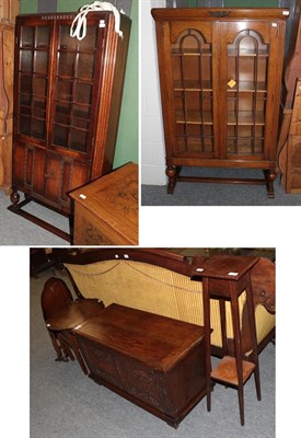 Lot 1338 - A group of oak furniture comprising a glazed bookcase, 93cm by 33cm by 152cm high; another...