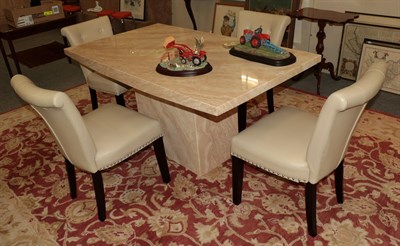 Lot 1359 - A faux marble rectangular form dining table, 160cm by 90cm by 76cm; together with four cream...