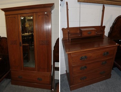 Lot 1367 - A Victorian oak two piece bedroom suite comprising single mirrored door wardrobe, 121cm by 53cm...