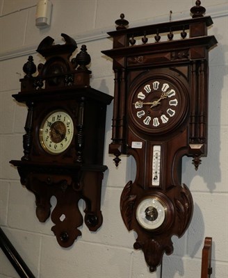 Lot 1369 - Two 20th century mahogany veneered wall clocks, one with integral barometer and thermometer (2)