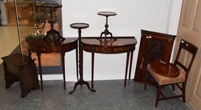 Lot 1385 - A group of furniture comprising two wine tables; a torchere; an inlaid twin handled tray; two...