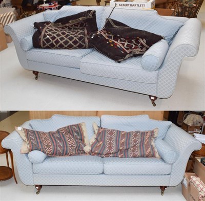 Lot 1396 - A pair of mahogany framed scroll-end sofas, upholstered in duck egg blue fabric, 244cm by 90cm...