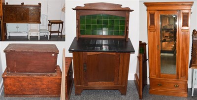 Lot 1415 - A group of furniture comprising two stained pine blanket chests; an Edwardian oak slate-topped...