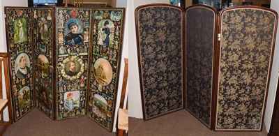 Lot 1423 - A Victorian mahogany framed three-leaf screen, upholstered in chinoiserie fabric, each leaf 66cm by