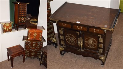 Lot 1433 - A group 20th century Chinese hardwood furniture comprising a multi drawer collector cabinet...