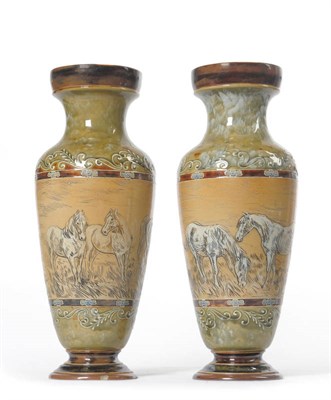 Lot 1514 - A Pair of Doulton Lambeth Stoneware Baluster Vases, by Hannah Barlow, incised with horses in...