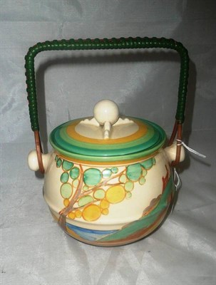 Lot 1520 - A Clarice Cliff Fantasque Bizarre "Secrets" Biscuit Barrel, with a wicker handle, painted in...