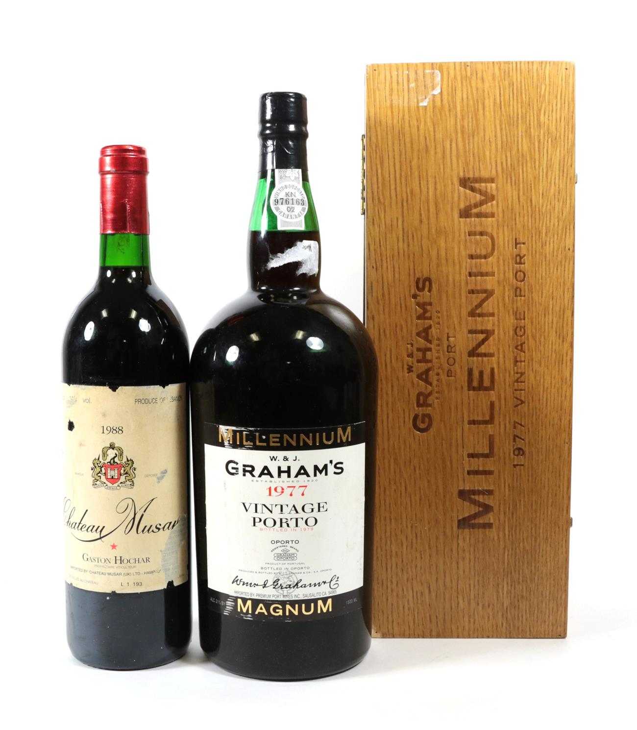 Lot 5069 - Château Musar 1988, Lebanon (one bottle), Graham's 1977 Vintage Port Millennium Magnum, (one...