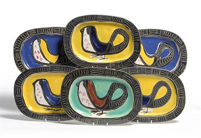 Lot 1525 - A Set of Six French Pottery Oblong Plates, each painted with an abstract bird against different...