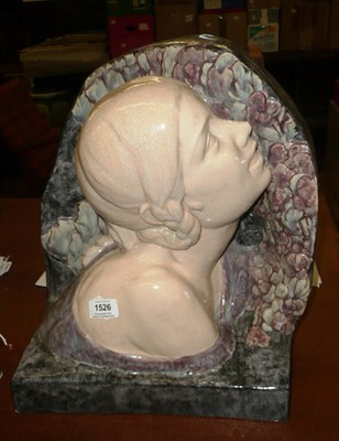 Lot 1526 - An Art Deco Continental Pottery Bust, by Albert Privat, modelled as a maiden gazing upwards,...