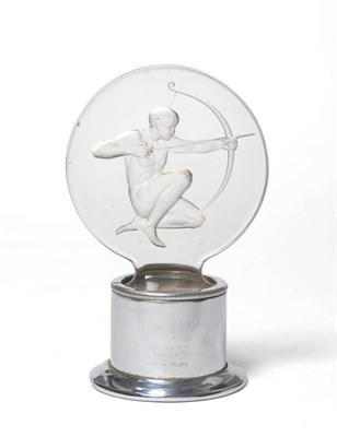 Lot 1528 - A Rene Lalique Clear and Frosted Glass "Archer" Car Mascot, No. 1126,  of circular disc shape...