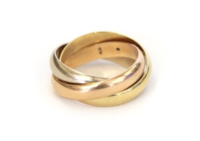 Lot 7 - A Trinity ring, by Cartier, three entwined yellow, rose and white bands, finger size F1/2