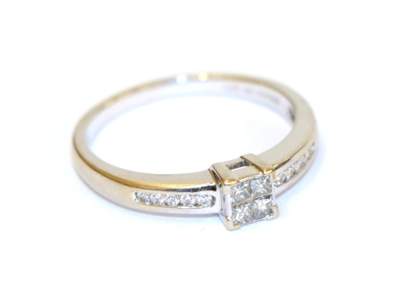 Lot 16 - A diamond cluster ring, the central cluster formed of four princess cut diamonds, to round...