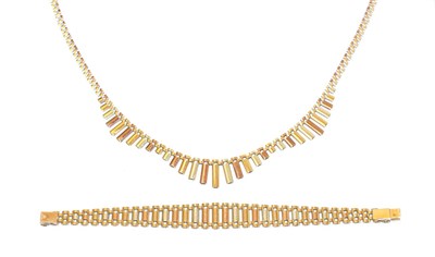 Lot 24 - A 9 carat tri-coloured gold necklace, the central section of the necklace of textured...