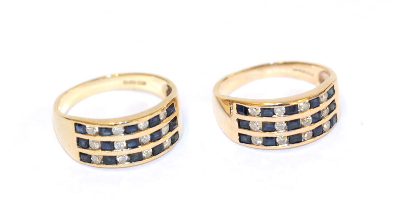 Lot 41 - A pair of 9 carat gold sapphire and diamond rings, formed of three rows of five calibré cut...