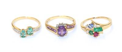 Lot 43 - Three 9 carat gold gem set rings comprising of an amethyst and diamond cluster ring, finger size S
