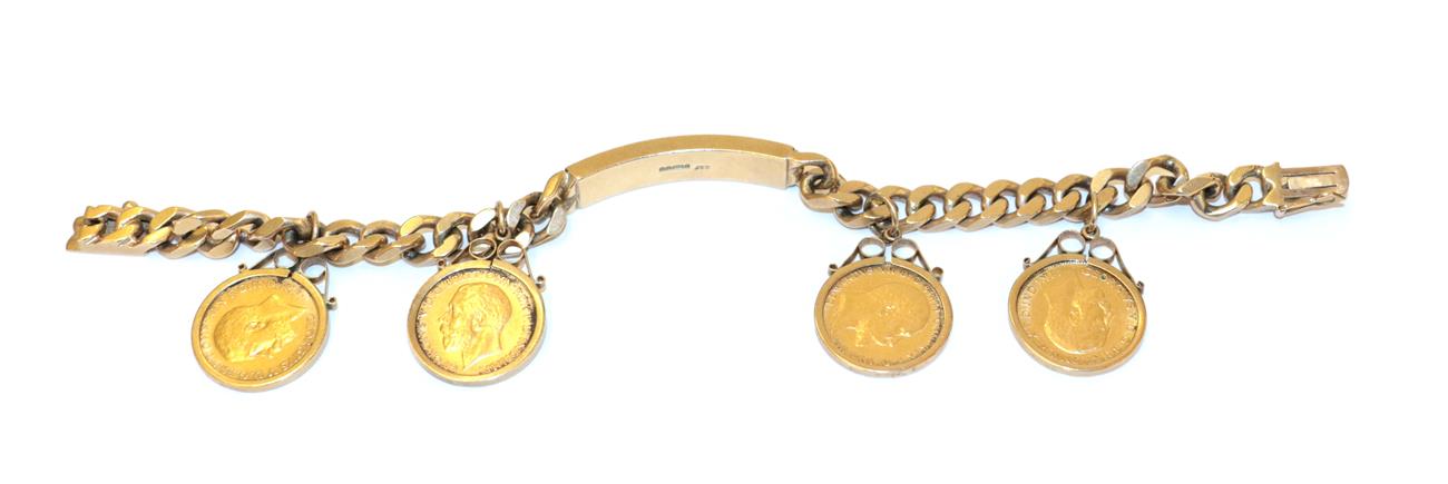 Lot 85 - A 9 carat gold identity bracelet, the yellow identity plaque to a curb link bracelet suspending...