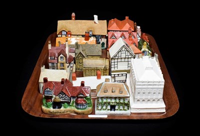 Lot 100 - Crested china to include: nineteen model buildings, W.H.Goss The Cat and Fiddle Inn, Willow...