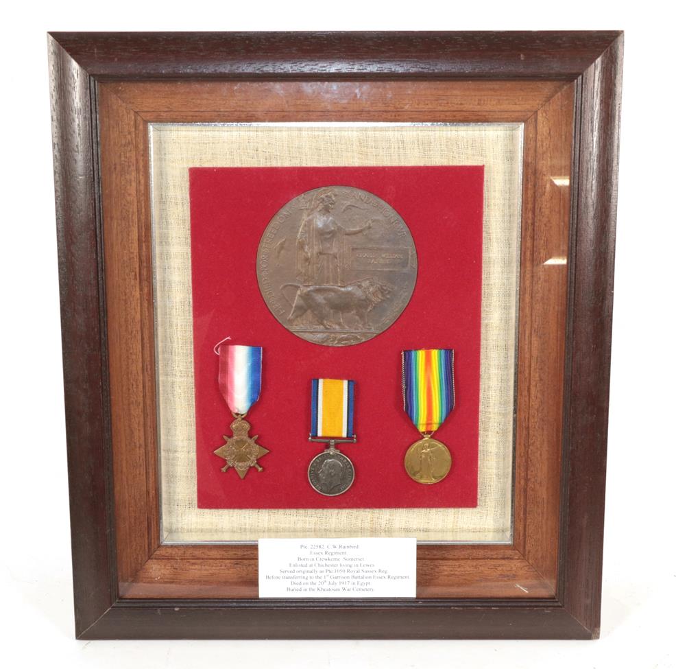 Lot 23 - A First World War Casualty Trio and Memorial Plaque to Pte Charles William Rainbird Essex...