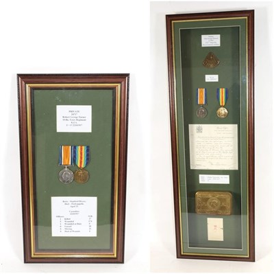 Lot 24 - Casualty Medals from the Great War: - a pair, to 24717 Pte R G Turner Essex Regiment, housed in...
