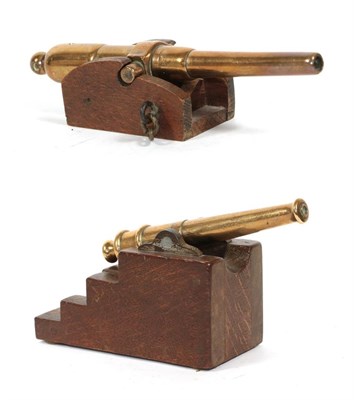 Lot 157 - Two Small Victorian Bronze Desk Cannons, with 14cm and 14.5cm barrels, globular cascabels and...