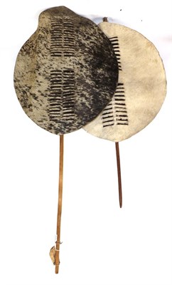 Lot 327 - A 20th Century Zulu White Cow Hide Shield, of elliptical form, with central double band of...