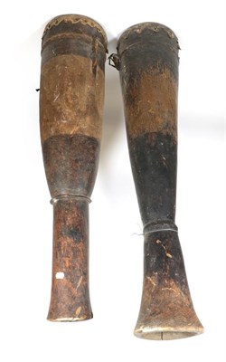 Lot 346 - Two Early 20th Century Zulu Tall Drums,  each carved from a single softwood trunk, the hide...