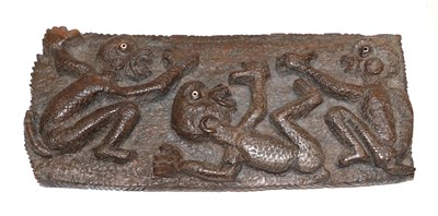 Lot 348 - An African Ironwood Plaque, of rectangular form, well carved with three monkeys with inset bone...