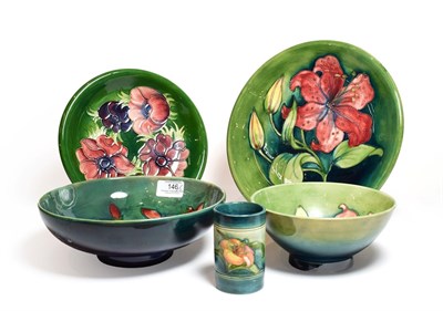 Lot 146 - Group of Walter Moorcroft Pottery, all on green grounds, various patterns, including African...