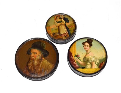 Lot 153 - Three papier mache boxes, each circular, the pull off cover of one with a portrait of a young Queen