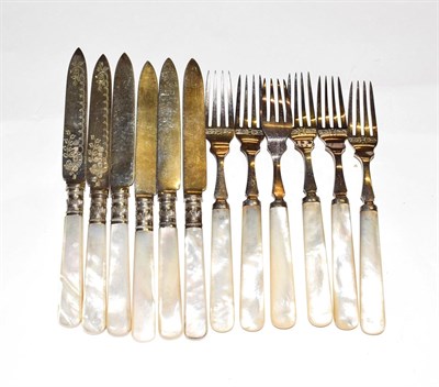 Lot 160 - A set of six Edward VII silver and mother-of-pearl fish-knives and a set of six silver plate...