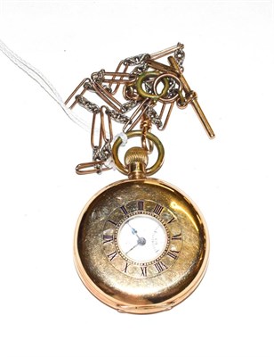 Lot 191 - A gold plated half hunter pocket watch with a two colour watch chain with T-bar stamped 375 and...