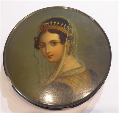 Lot 194 - A 19th century French painted and black lacquered circular papier mache box and cover, 'Jeune...