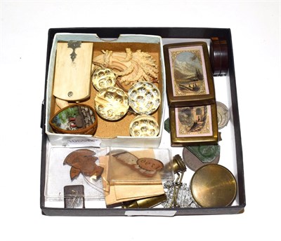 Lot 195 - Miscellaneous including Czech multi-faceted dice; half walnut with miniature figural grotto; covers
