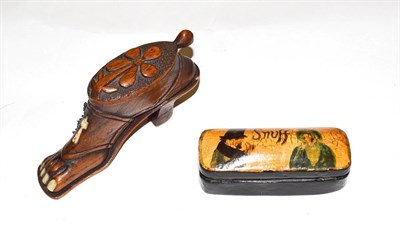 Lot 209 - Two 19th century snuff-boxes, the first wood, carved as a shoe and with bone applied toenails,...