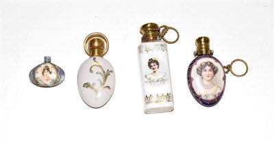 Lot 210 - Three various metal-mounted porcelain scent-bottles, variously shaped, each painted with a...