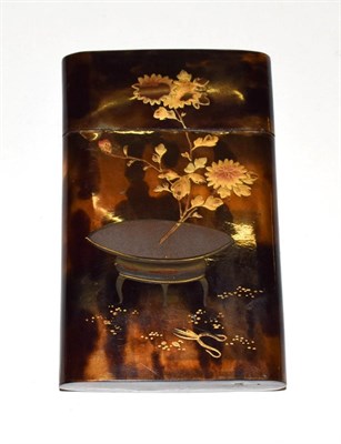 Lot 211 - A Japanese tortoiseshell and Maki-e card case, circa 1900, oblong, each side with differing...