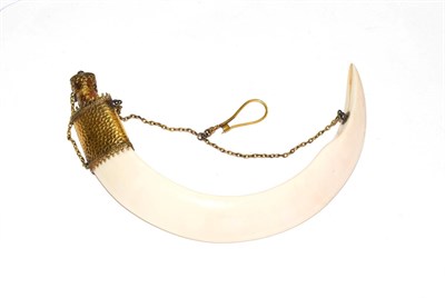 Lot 215 - A silver-gilt mounted boars tusk scent-bottle, apparently unmarked, circa 1900, the silver-gilt...